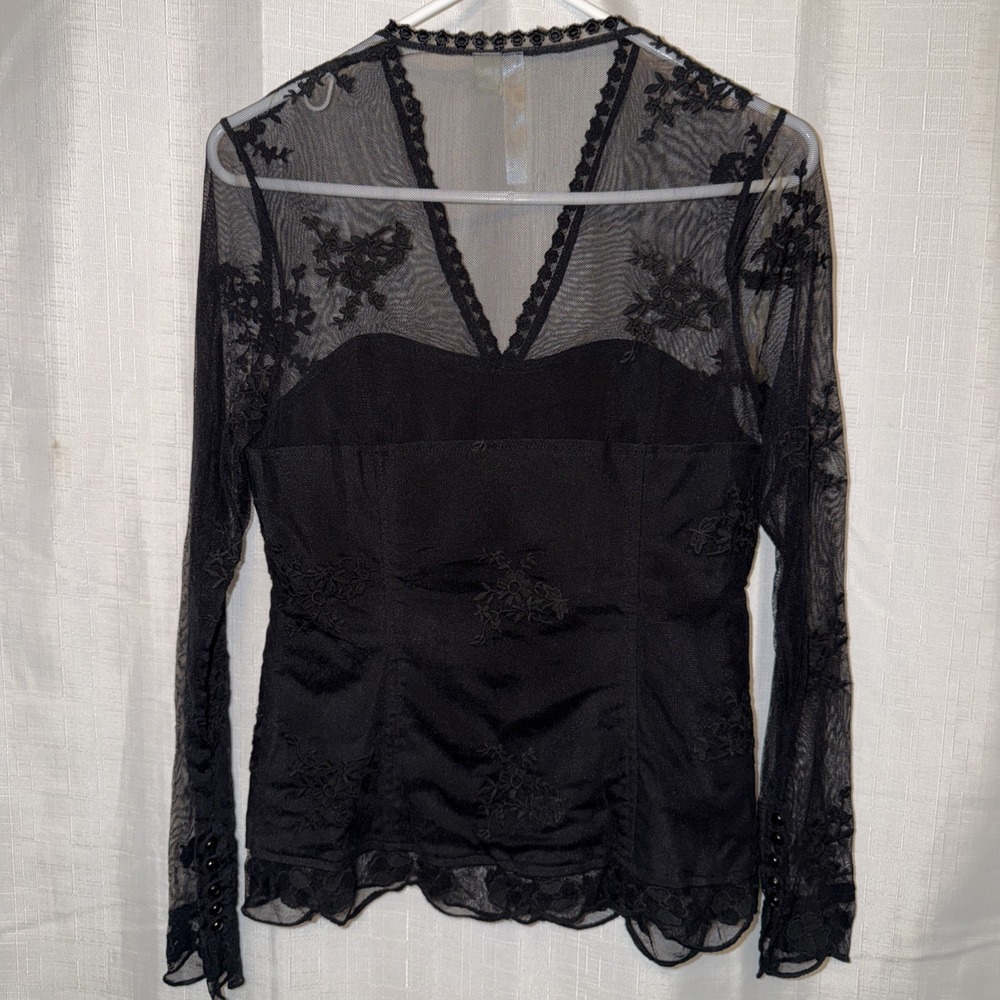 Adiva Black Corset Look Sheer Lace Top Witchy Romantic Whimsygoth Boho Goth USA - Picture 8 of 13